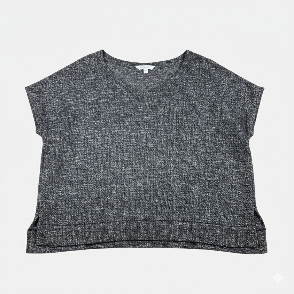 Time and Tru Womens Black Marl Knit V-Neck Short Sleeve Top Size Large 12-14